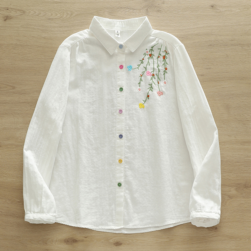 Embroidery Artist - Herfst Dubbellaags Katoen Lange mouwen Blusa