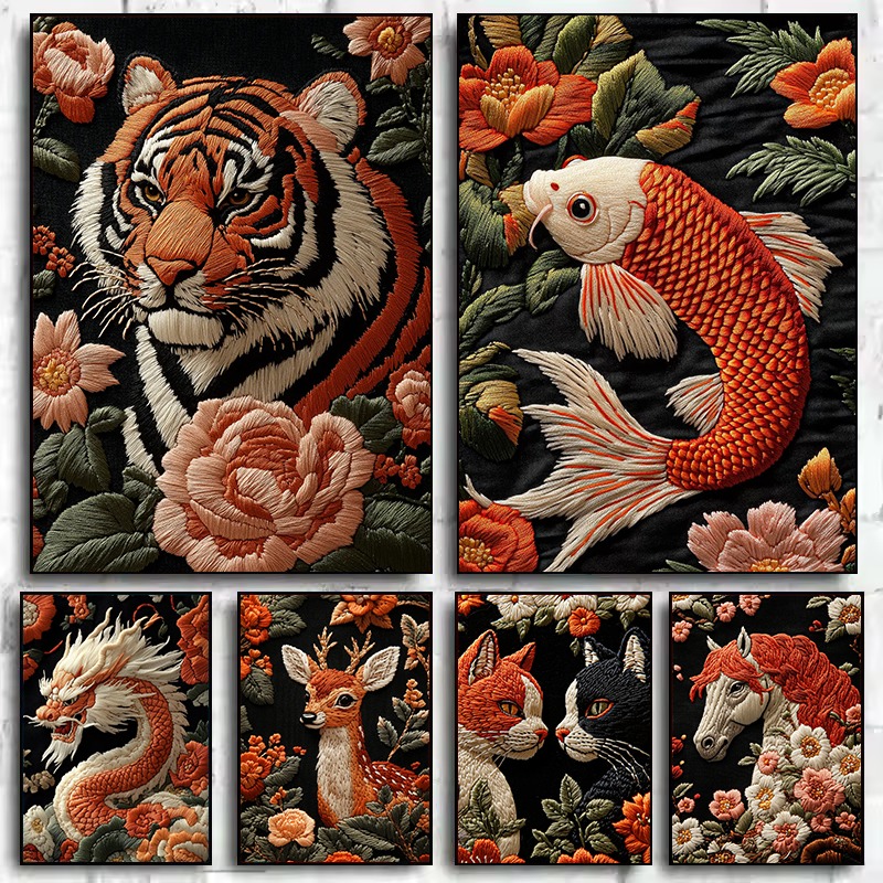 Embroidery Artist - Borduurstijl Kunst Dieren Poster Bloemen Draak