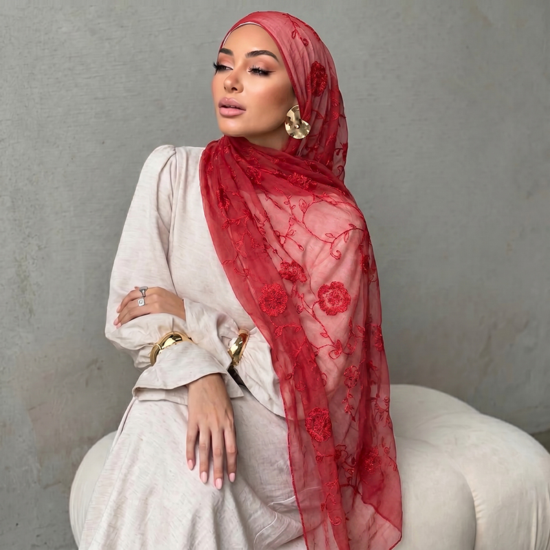 Embroidery Fashion - Bloemenborduurwerk moslim hijab doorschijnende sjaal zachte