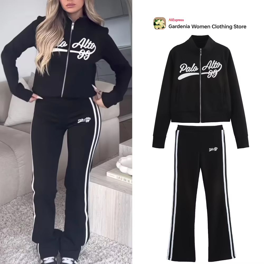 Embroidery Jacket - Casual zwarte Varsity-sportset voor dames, geborduurd