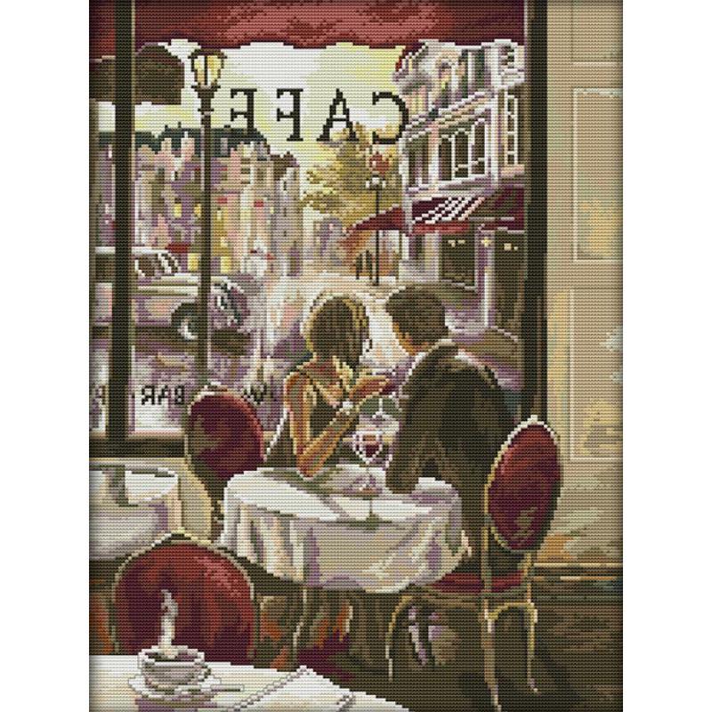Embroidery Artist - Cafe Paar Artistieke Figuren Borduurpakket Aida